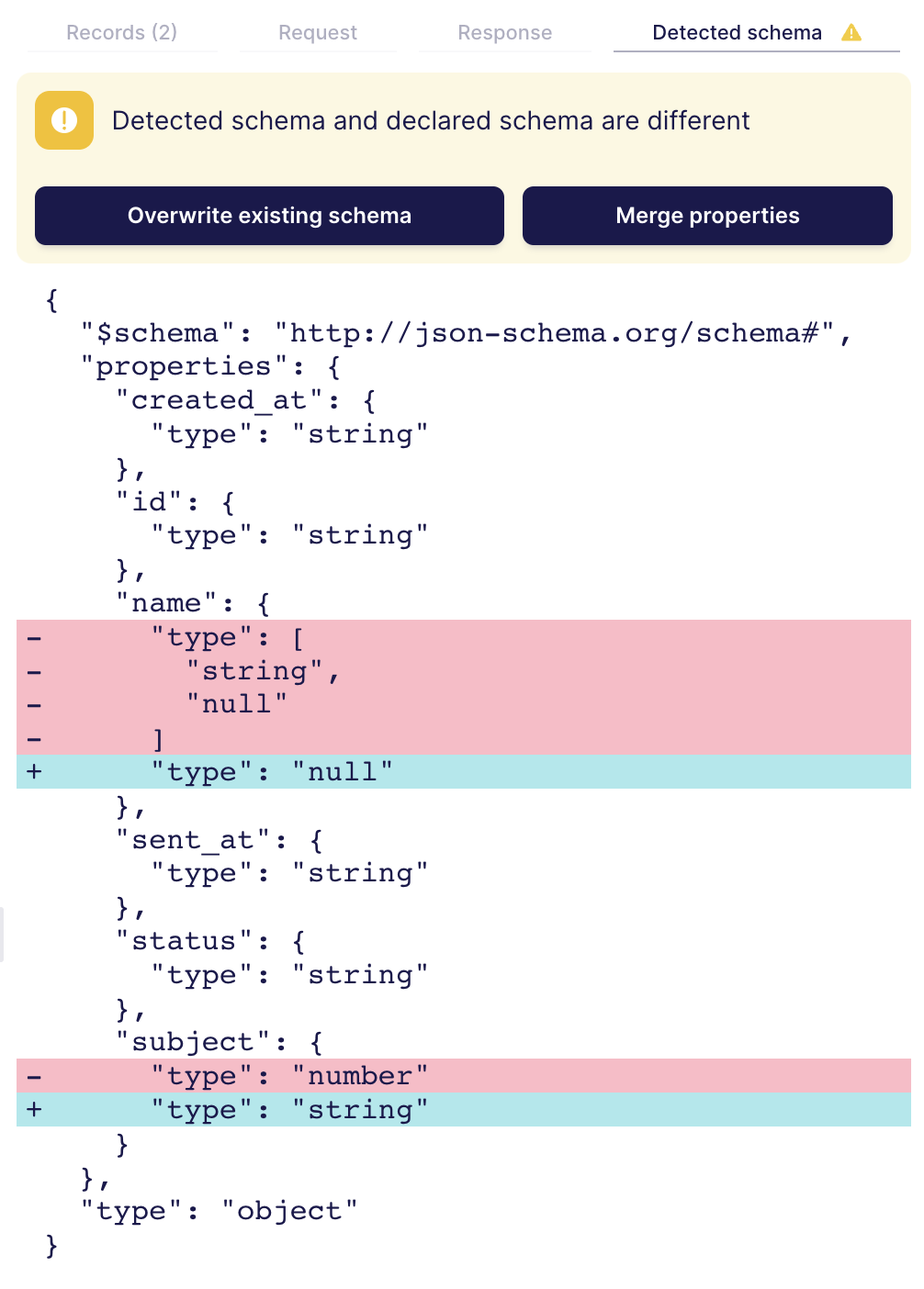 Detected schema with highlighted differences